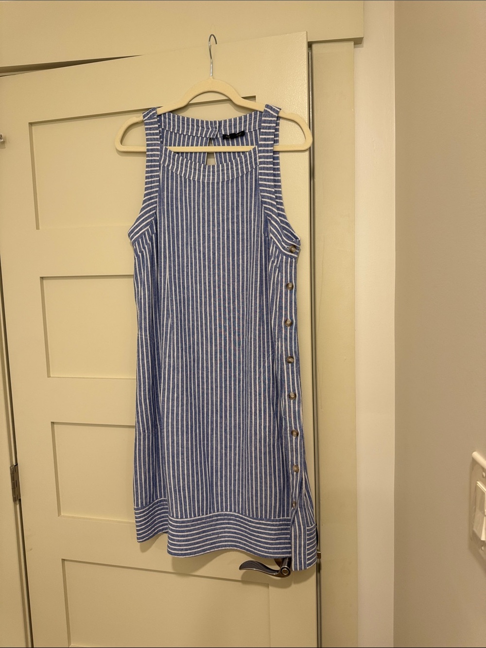 For Cynthia Blue and White Striped Sleeveless Shift Dress with Side Buttons